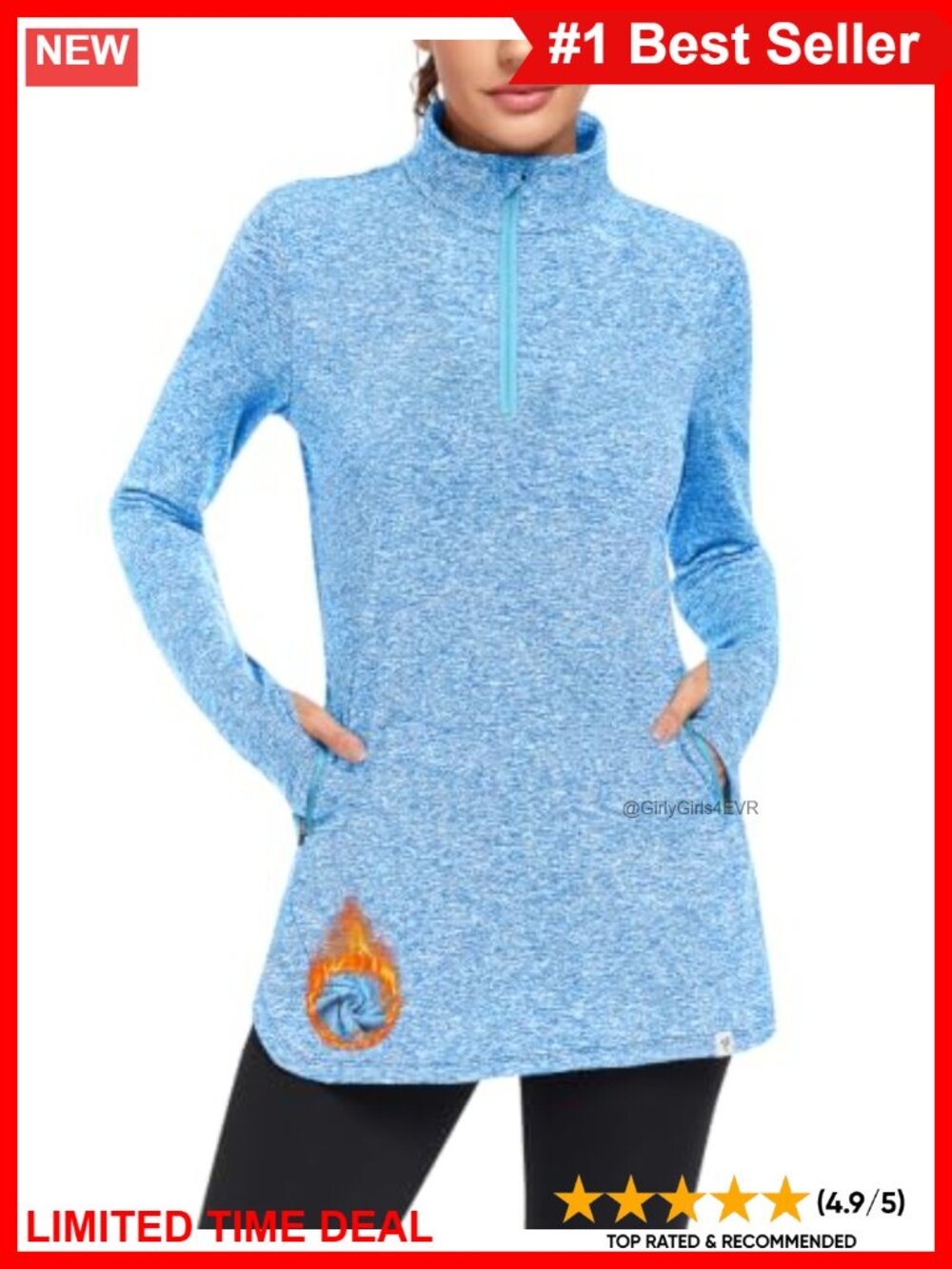 Thermal Fleece Lined Running Tunic Sweatshirt Quarter Zip Thumb Holes Pockets